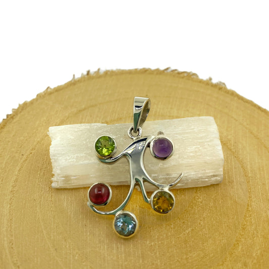 Colgante Árbol de la Vida en plata de ley con Amatista, Citrino, Topacio Azul, Granate y Olivino naturales