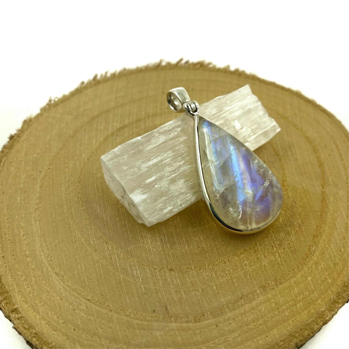 colgante piedra luna arcoiris plata