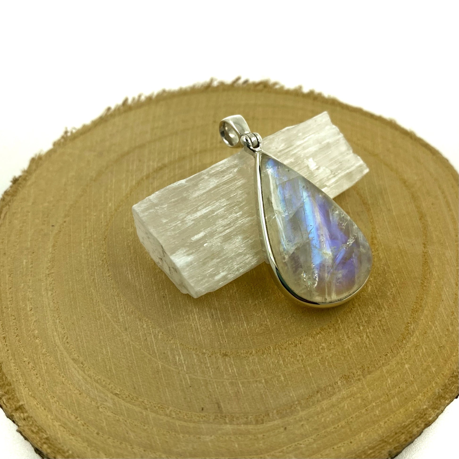 colgante piedra luna arcoiris plata
