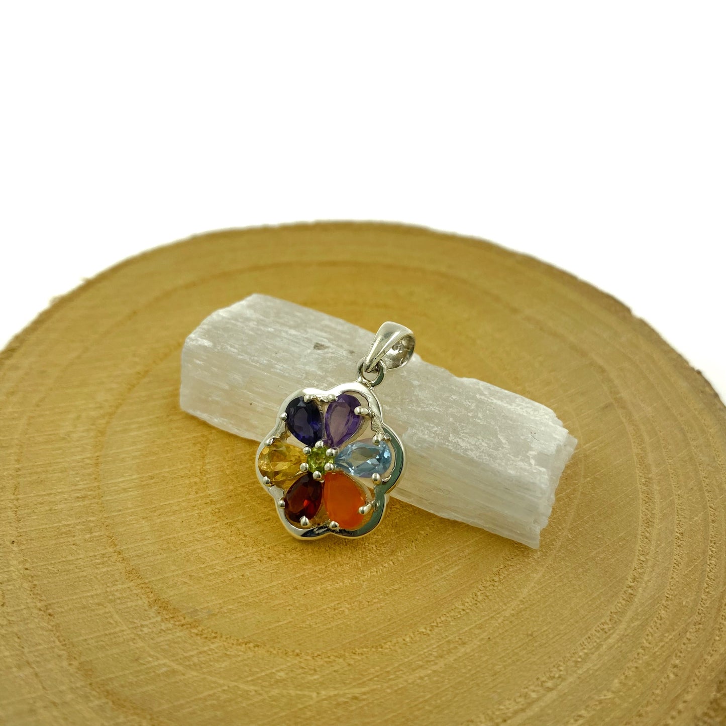 colgante flor 7 chakras plata minerales naturales